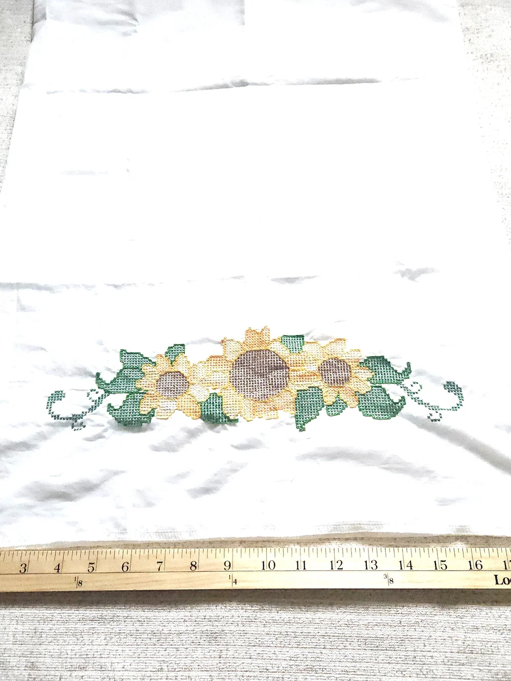 Pair Hand-Embroidered Sunflower Cross Stitch Pillowcases in Yellow and Green